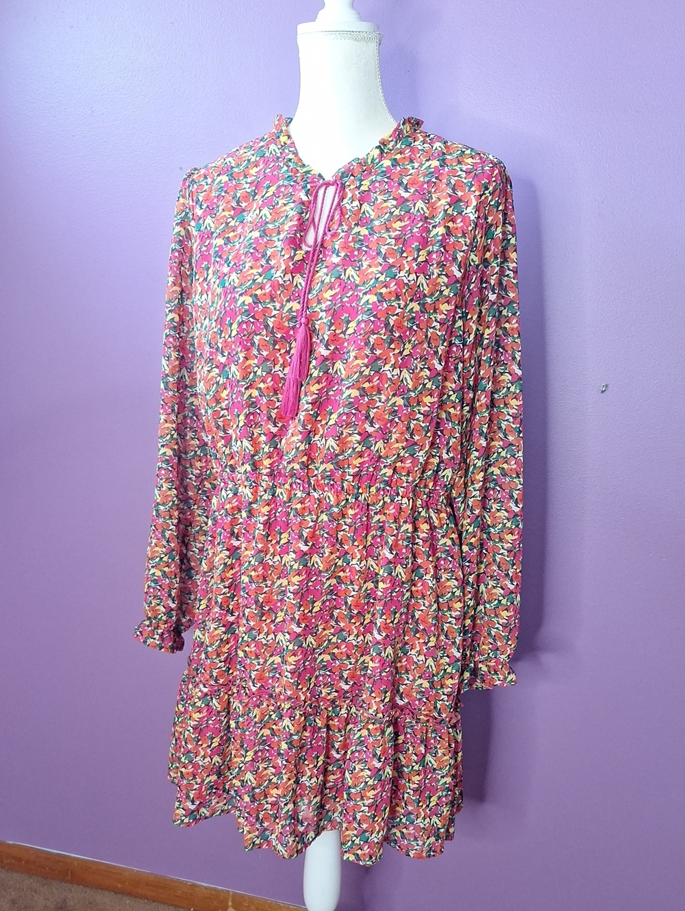 Robert Louis Multicolor Pink Floral Long-Sleeve Tiered Dress